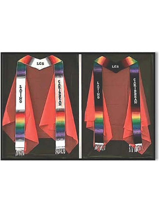 Two serape‑style graduation stoles on red gowns; the left stole represents the LCS major and the right represents the LCS minor, both embroidered with ‘LCS,’ ‘Latino,’ and ‘Caribbean